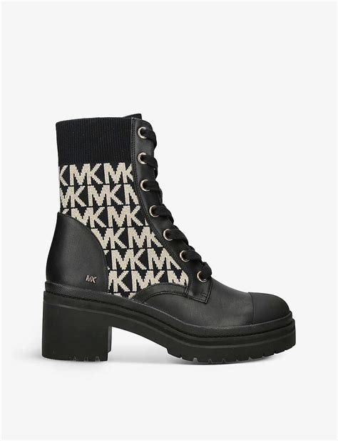 Michael Kors Brea Leather and Logo Jacquard Combat Boot